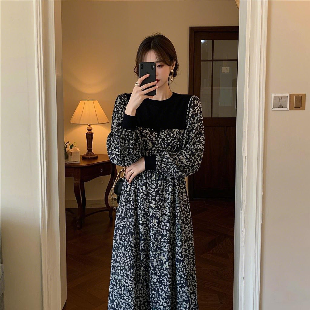 厅里厅气的碎花拼接长袖连衣裙女开春韩系通勤高级感轻熟气质长裙